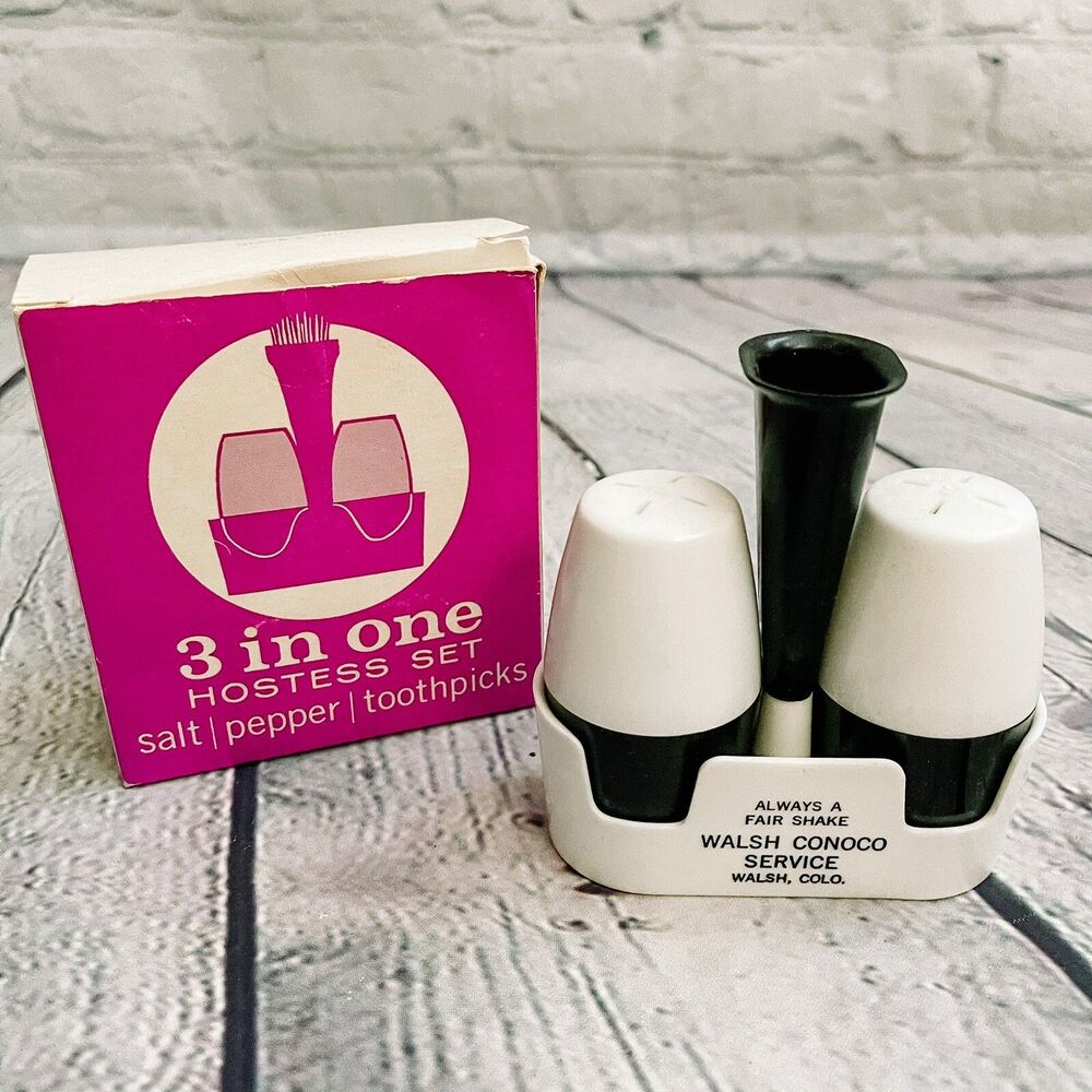 Vtg Walsh Conoco Service Salt Pepper Shakers Toothpick 3 In One New Hostess Set